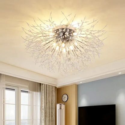 Modern silver-toned led ceiling light with radial crystal-encrusted branches for living room illumination