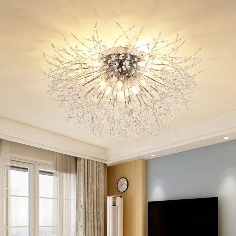 Modern silver-toned led ceiling light with radial crystal-encrusted branches for living room illumination