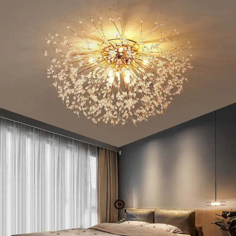 Modern gold dandelion crystal led ceiling light with delicate branches and blossoms for living room ceiling light