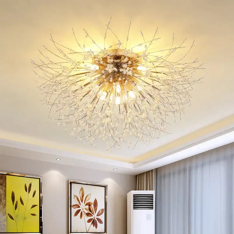 Modern gold dandelion crystal led ceiling light with intricate branches for living room illumination