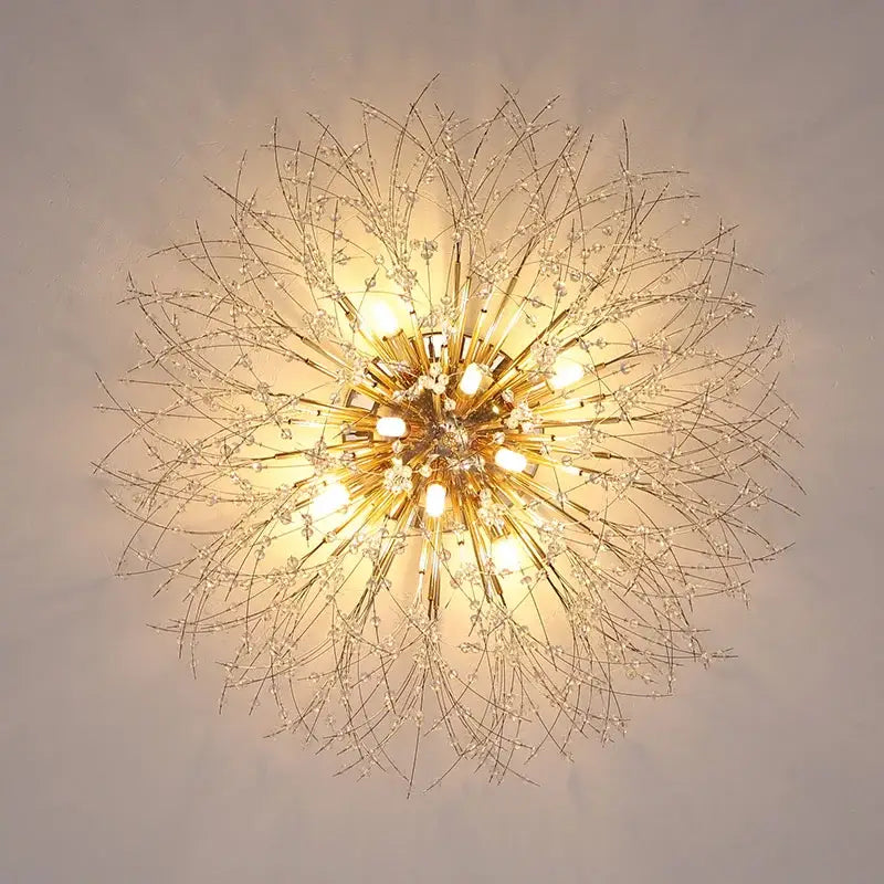 Modern gold dandelion crystal led ceiling light with metallic stems and clear beads for living room ceiling illumination