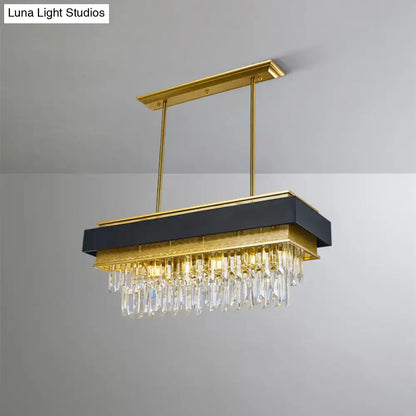 DecorBites™ modern black and gold rectangle hanging light with five heads and clear crystal prisms for island lighting