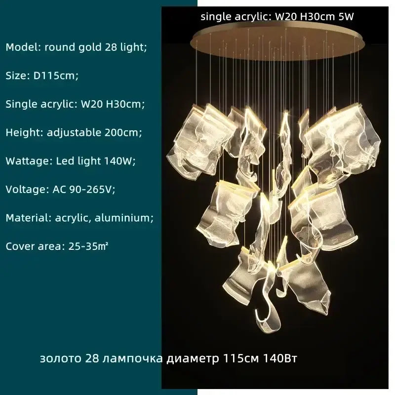 Modern gold decorbites acrylic leaf chandelier with 28 led lights suspended from a circular acrylic base for dining rooms