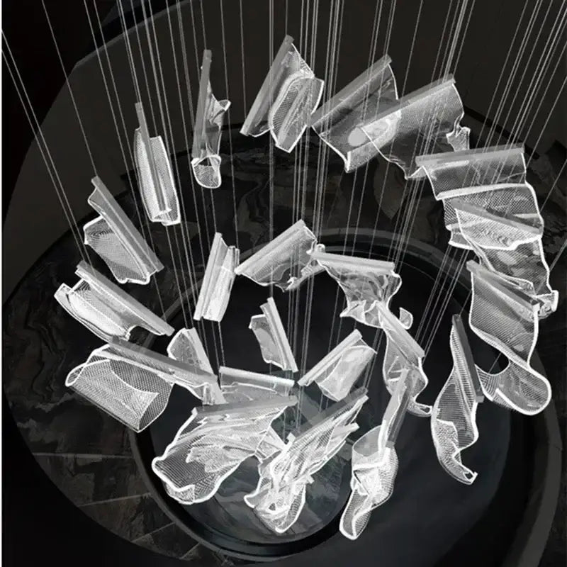 Modern gold decorbites acrylic leaf chandelier with transparent mesh and sculptural pieces for dining room lighting
