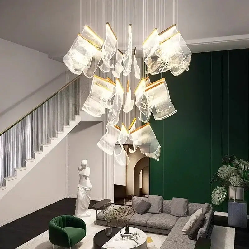 Modern gold decorbites acrylic leaf chandelier with translucent sculptural glass shades and gold-toned metal accents