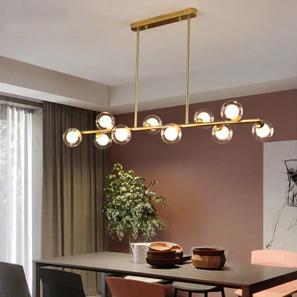 Modern gold decorbites bubble ball led hanging chandelier with sleek horizontal bar and spherical glass bulbs for dining room