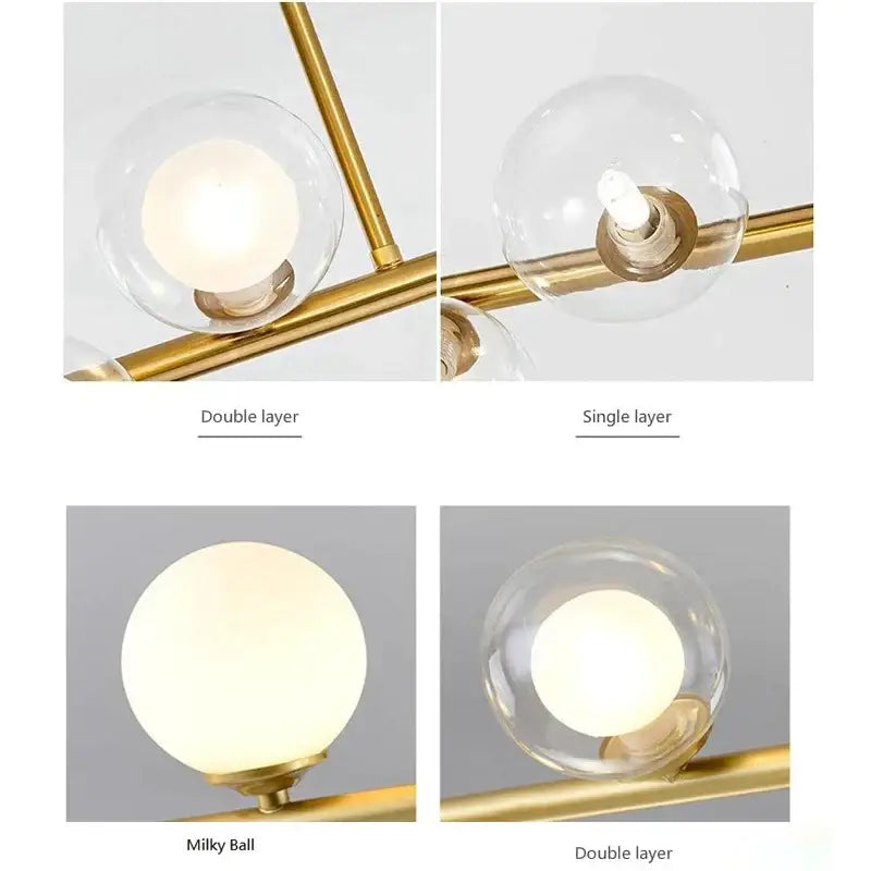 Modern gold decorbites bubble ball led hanging chandelier with brass finish and clear milky glass globe shades for dining room
