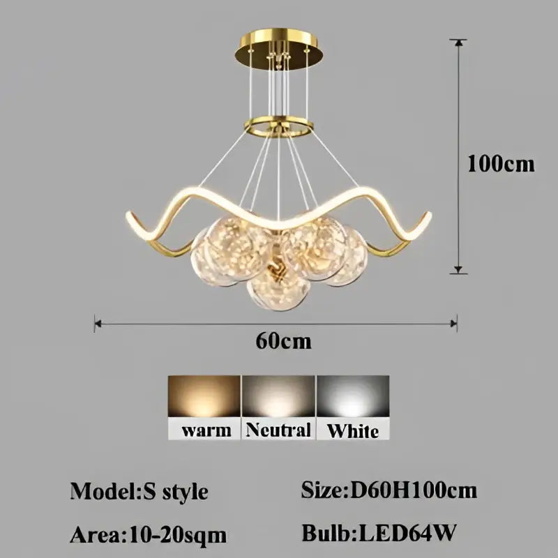 Modern gold decorbites bubble chandeliers with curved arms and crystal pendants for dining room led light