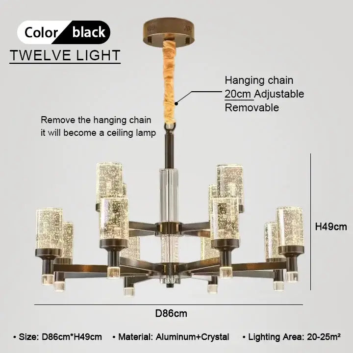 Black twelve-light decorbites bubble crystal chandelier with brass aluminum frame and crystal glass shades for living room