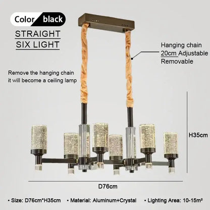 Black straight six-light decorbites bubble crystal chandelier with crystal glass shades and adjustable hanging chain for living room