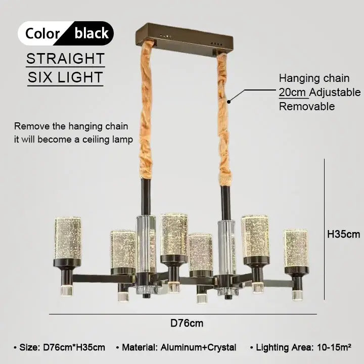 Black straight six-light decorbites bubble crystal chandelier with crystal glass shades and adjustable hanging chain for living room