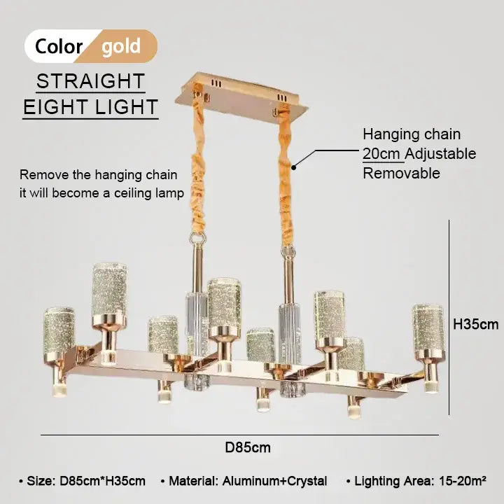 Modern gold decorbites bubble crystal chandelier with eight sparkling crystals and adjustable hanging chain for living room