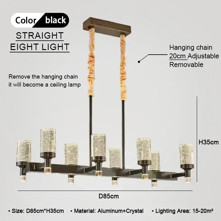 Black straight eight-light decorbites bubble crystal chandelier with adjustable hanging chains for modern living room decor