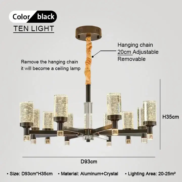 Black ten-light bubble crystal chandelier with crystal glass shades and adjustable hanging chain by decorbites bubble crystal