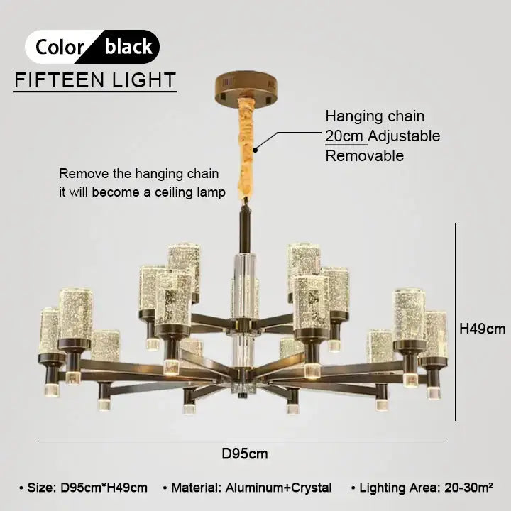 Black fifteen-light decorbites bubble crystal chandelier with crystal glass shades and adjustable hanging chain for living room