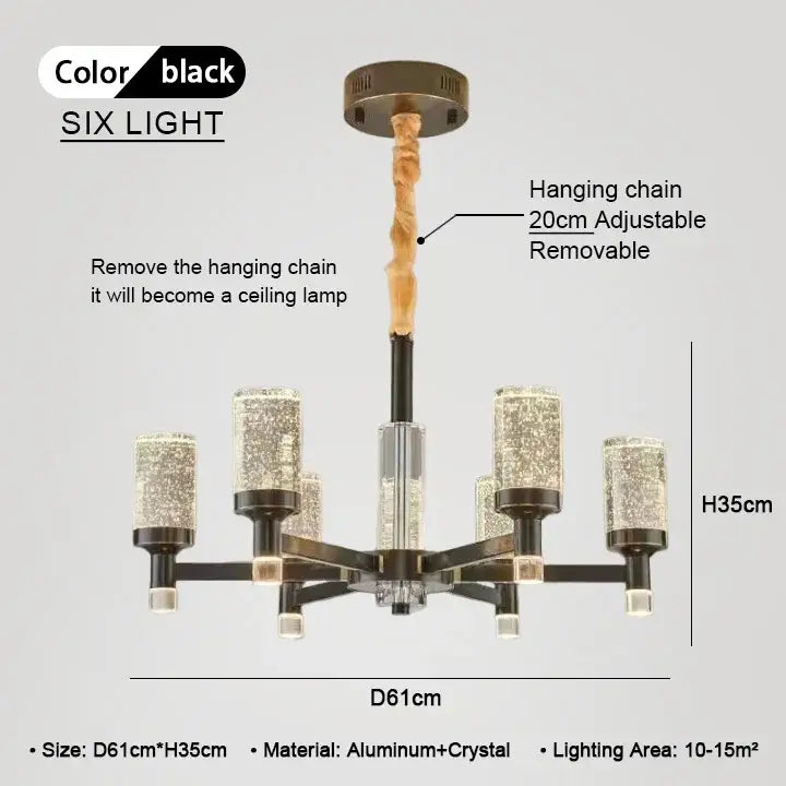 Black six-light decorbites bubble crystal chandelier with crystal shades and adjustable hanging chain for living room decor