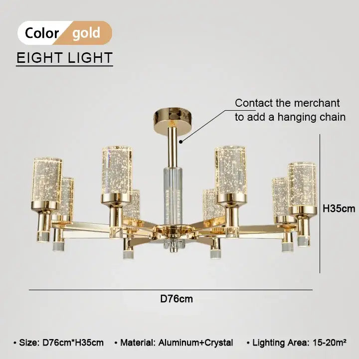 Modern gold decorbites bubble crystal chandelier with eight gold lights crystal glass shades and aluminum frame for living room