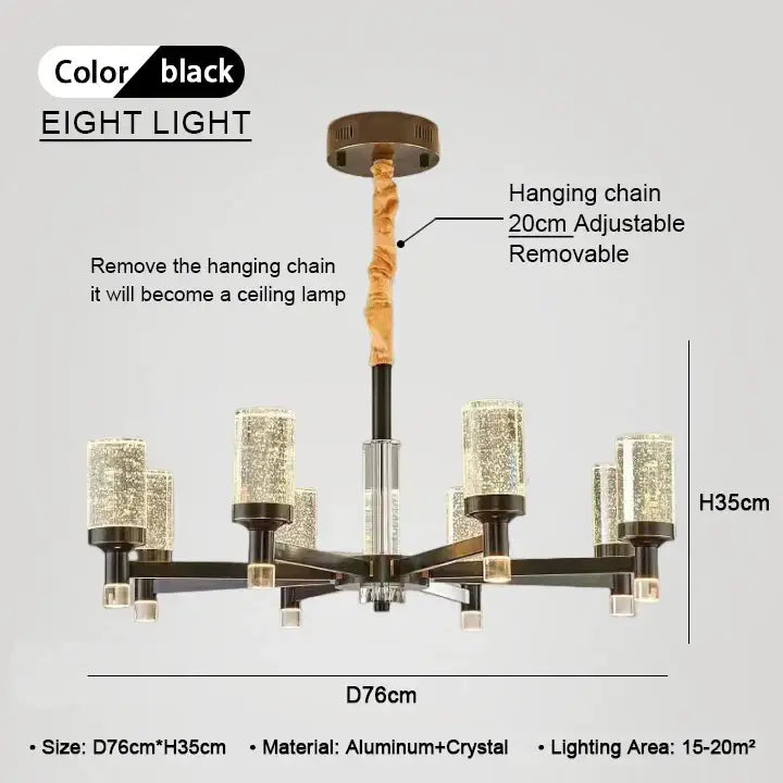Black eight-light decorbites bubble crystal chandelier with crystal glass shades and adjustable hanging chain for living room