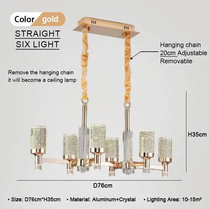 Modern gold decorbites bubble crystal chandelier with six lights, crystal glass shades, and adjustable hanging chain for living room