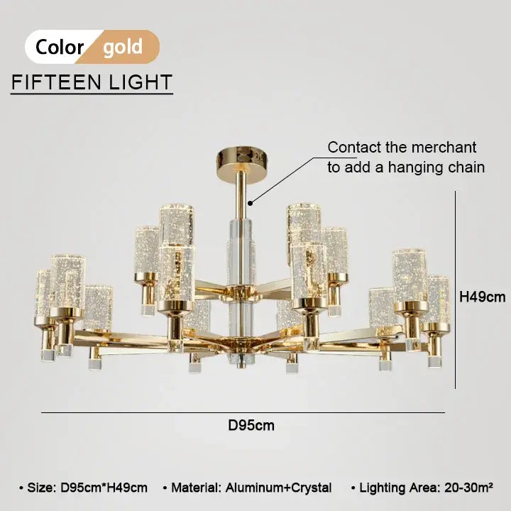 Modern gold decorbites bubble crystal chandelier with fifteen sparkling glass shades on aluminum frame for living room