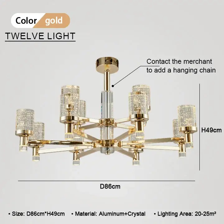 Modern gold decorbites bubble crystal chandelier with twelve gold-toned lights and aluminum frame for living room
