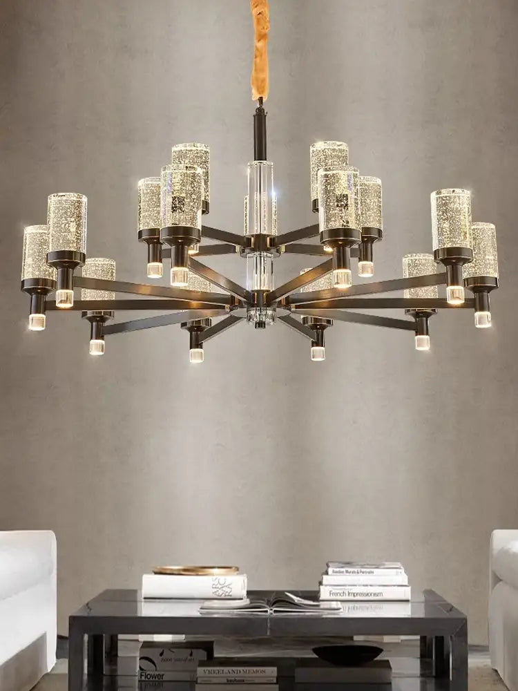 A modern decorbites bubble crystal chandelier with dark metal frame and LED bulbs for elegant living room decor