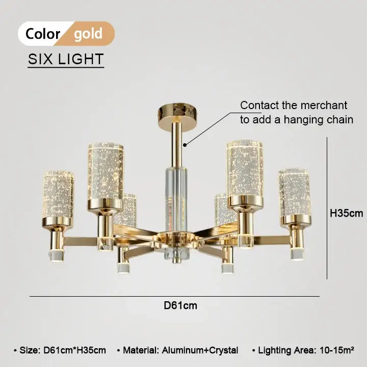 Modern gold decorbites bubble crystal chandelier with six lights aluminum frame and crystal glass shades for living room
