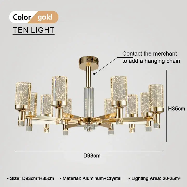 Modern gold decorbites bubble crystal chandelier with ten lights crystal glass shades and aluminum frame for living room