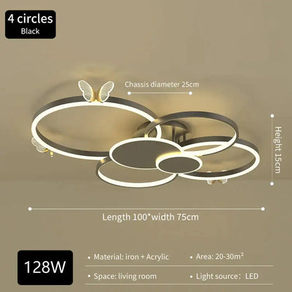 Black modern led ceiling light with four interlocking rings and gold butterfly accents decorbites butterfly light design