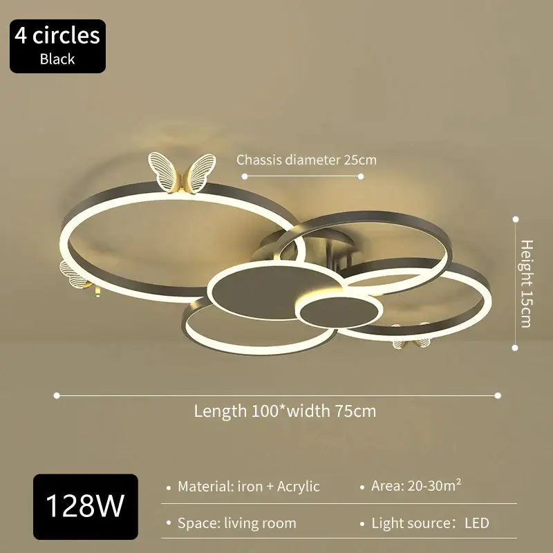 Black modern led ceiling light with four interlocking rings and gold butterfly accents decorbites butterfly light design