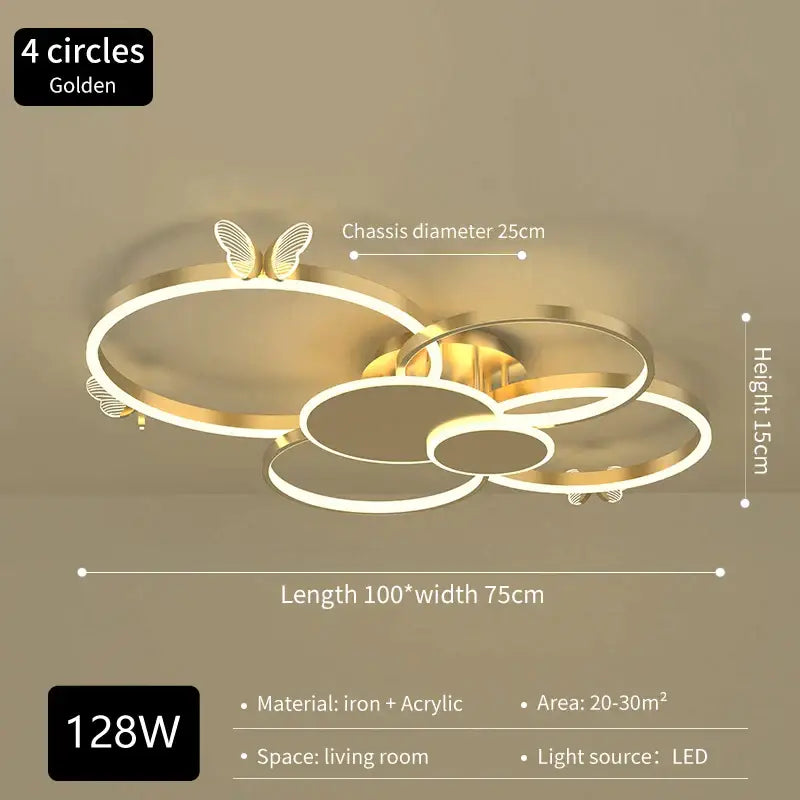 Modern gold decorbites butterfly light with four interlocking circular rings and butterfly accents in iron and acrylic