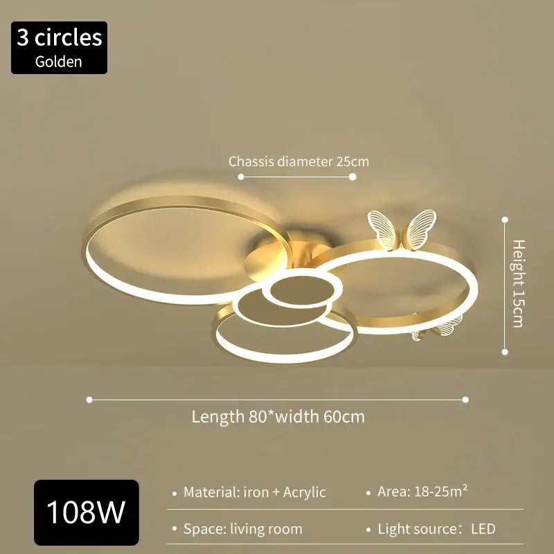 Modern gold decorbites butterfly light round led ceiling lamp with three circles and butterfly accent for living room use