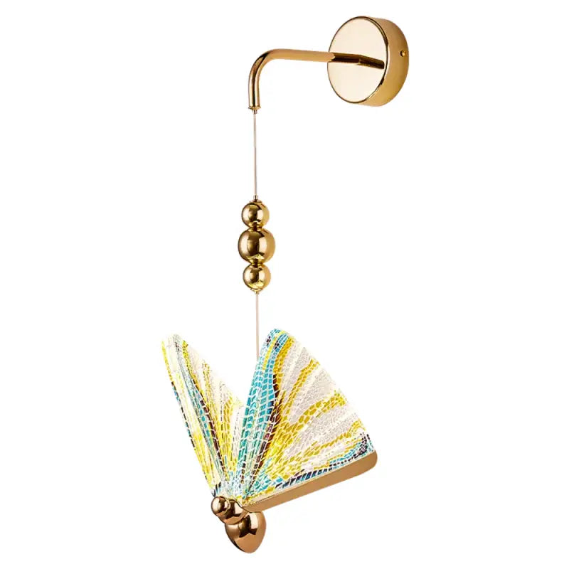 Modern gold decorbites butterfly wall light with gold-toned fan-shaped glass sconce featuring yellow and teal lace patterns