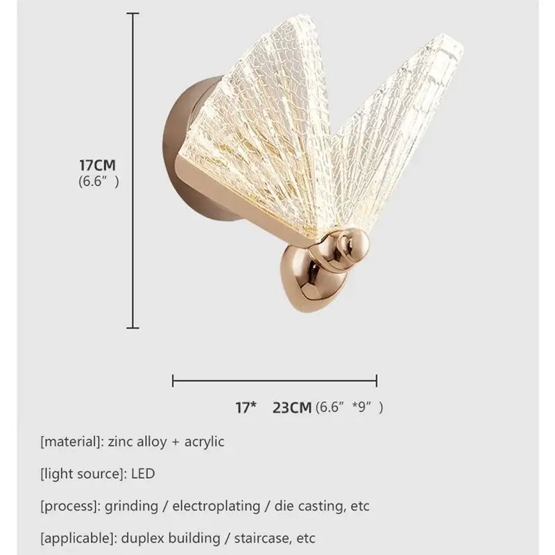 Gold-toned decorbites butterfly wall sconce with crackled acrylic wings and sleek zinc alloy base for modern bedroom lighting