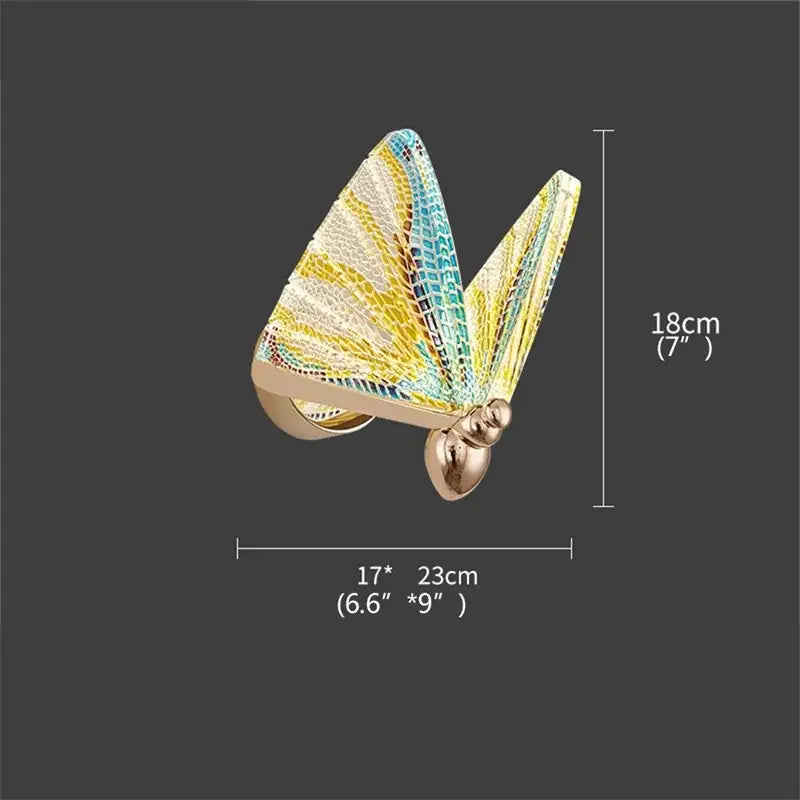 Modern gold decorbites butterfly wall lights with yellow and teal patterned glass wings and gold metal frame for bedroom use