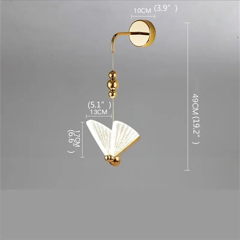 Modern gold decorbites butterfly wall light with fan-shaped translucent shade and decorative spherical beads for bedroom