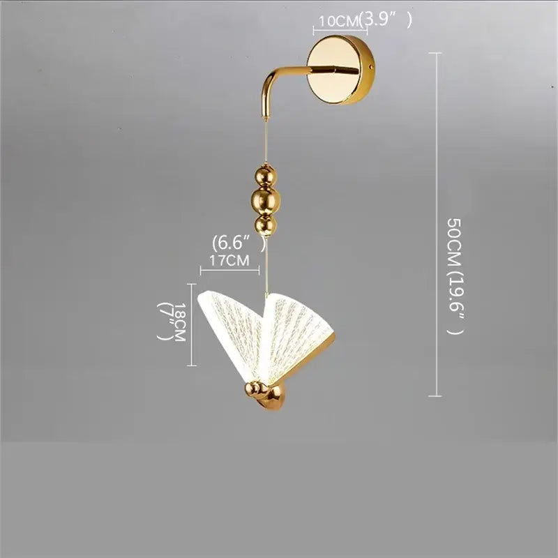 Modern gold decorbites butterfly wall light with fan-shaped glass diffuser and decorative spherical beads for bedroom use