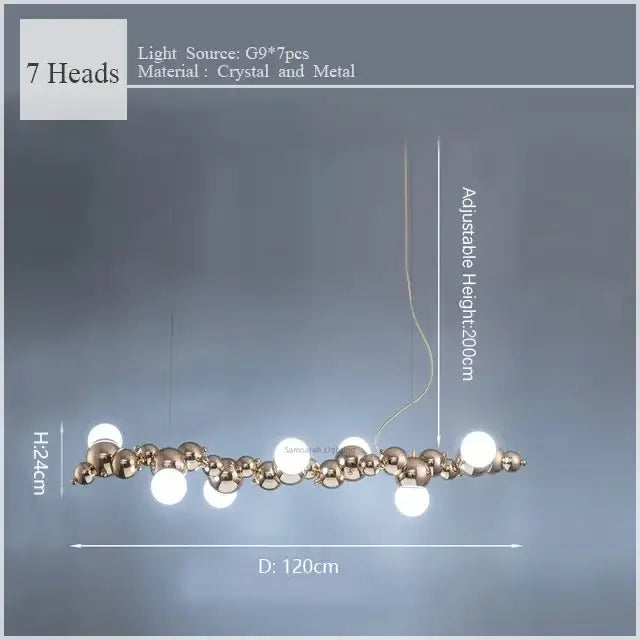 Modern gold decorbites caterpillar metal pendant light with seven spherical crystal and metal heads in linear design