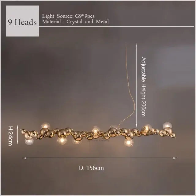 Modern gold decorbites caterpillar metal ball pendant light with nine spherical crystal fixtures for dining room lighting