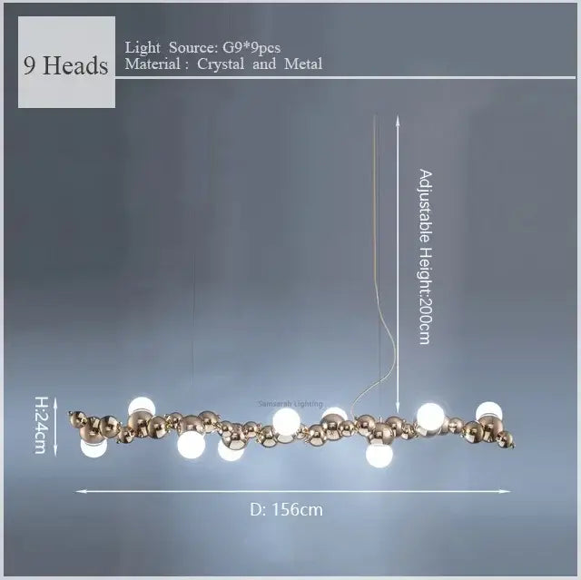 Modern gold decorbites caterpillar metal pendant light with nine adjustable crystal and metal globes for dining room