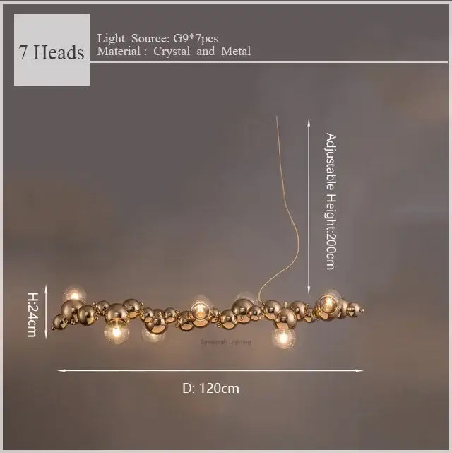 Modern gold decorbites caterpillar metal ball pendant light with seven spherical crystal fixtures for dining room