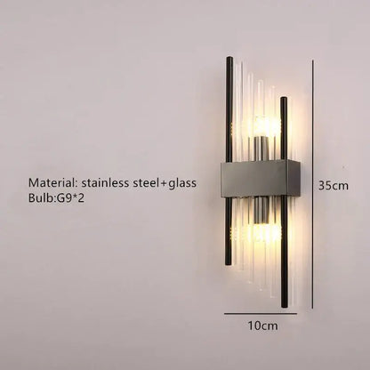 Modern gold decorbites clear crystal led wall lamp featuring a sleek stainless steel frame with two g9 bulbs