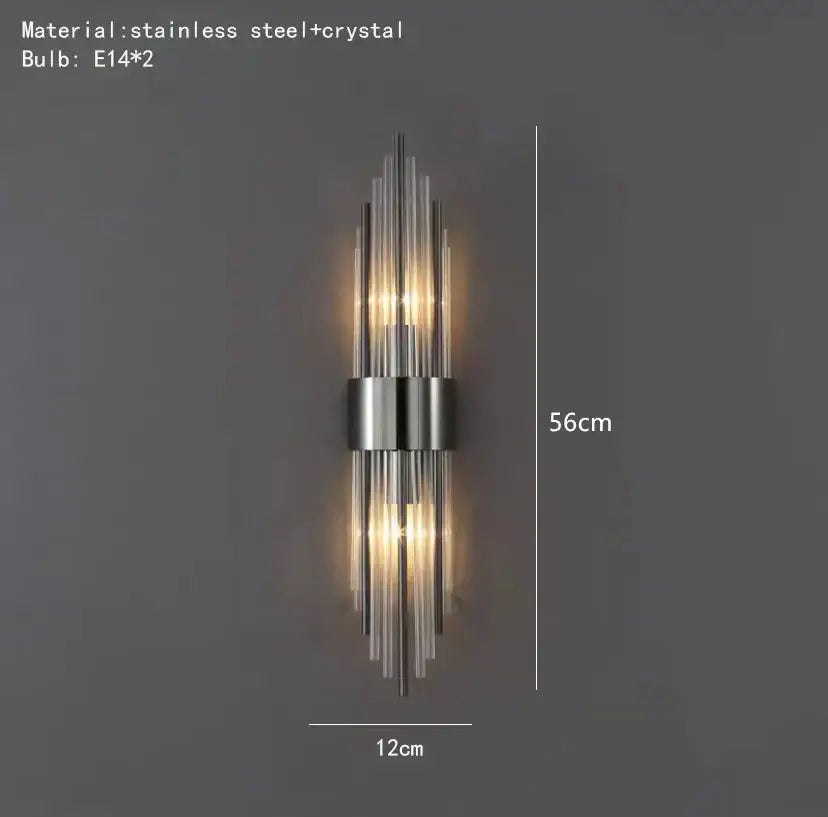 Modern gold wall lamp decorbites clear crystal led with slender stainless steel rods and crystal accents for bedroom use