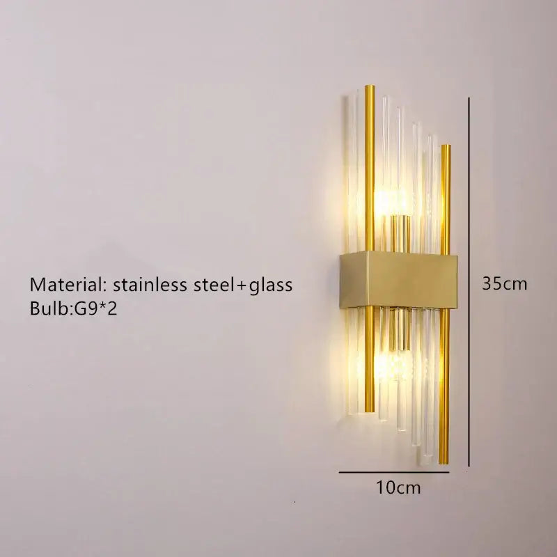 Modern gold decorbites clear crystal wall lamp with stainless steel rods and clear crystal led tubes for bedroom sconce lighting