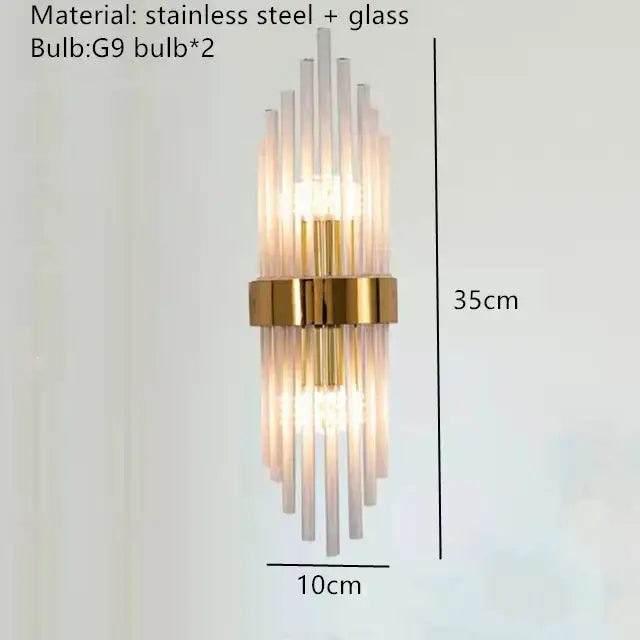 Modern gold decorbites clear crystal led wall lamp with vertical translucent glass rods and polished gold stainless steel accents