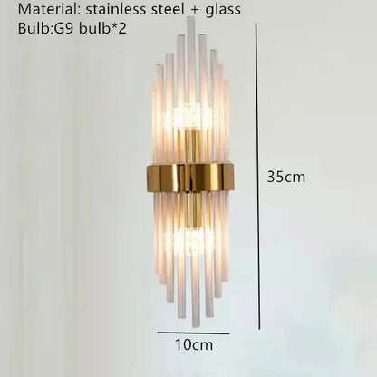 Modern gold decorbites clear crystal led wall lamp with vertical translucent glass rods and polished gold stainless steel accents