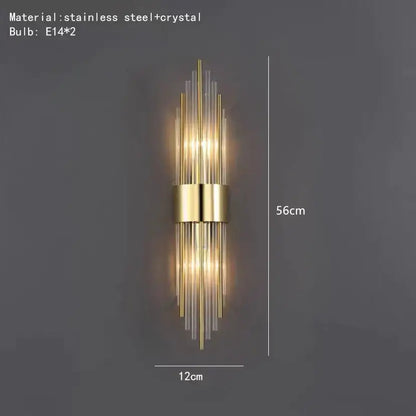 Modern gold wall lamp with vertical stainless steel and decorbites clear crystal led rods for bedroom sconce lighting
