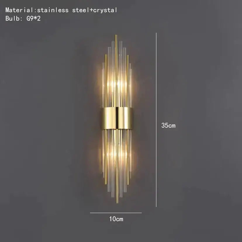 Modern gold decorbites clear crystal led wall lamp with vertical stainless steel and crystal rods for bedroom sconce lighting