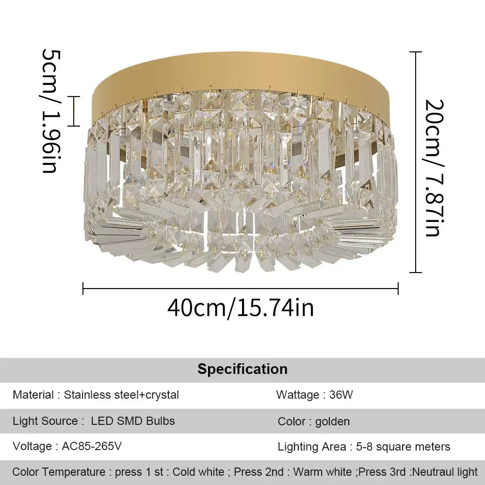 A modern gold decorbites crystal ceiling chandelier with a stainless steel frame and clear crystal prisms for dining room