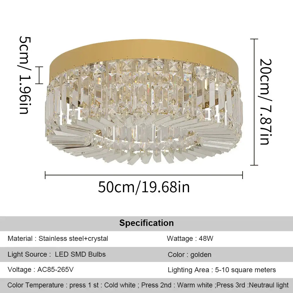 Modern gold decorbites crystal ceiling chandelier featuring a golden frame with cascading clear crystal prisms for dining room